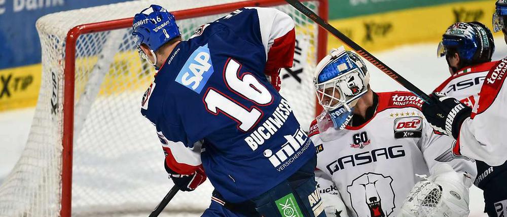 Viermal nichts. Die Eisbären haben alle vier Saisonspiele gegen Mannheim verloren. Beim jüngsten Duell erzielt Martin Buchwieser hier das 1:0 für die Adler.