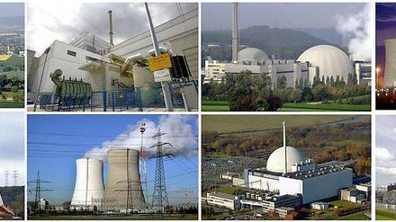 Deutsche Atomkraftwerke von oben von links: Grafenrheinfeld bei Schweinfurt, Krümmel, Block I und Block II des Gemeinschafts-Kernkraftwerks Neckarwestheim, Biblis, Brokdorf. Und unten von links: Grohnde an der Weser, Gundremmingen und der Kühlturm des Atomkraftwerkes Isar 1 und 2 nahe Essenbach in Niederbayern, das Kernkraftwerk Philippsburg, Unterweser in Esenham, Brunsbüttel und Emsland in Lingen mit dem davor gelagerten Standort-Zwischenlager.