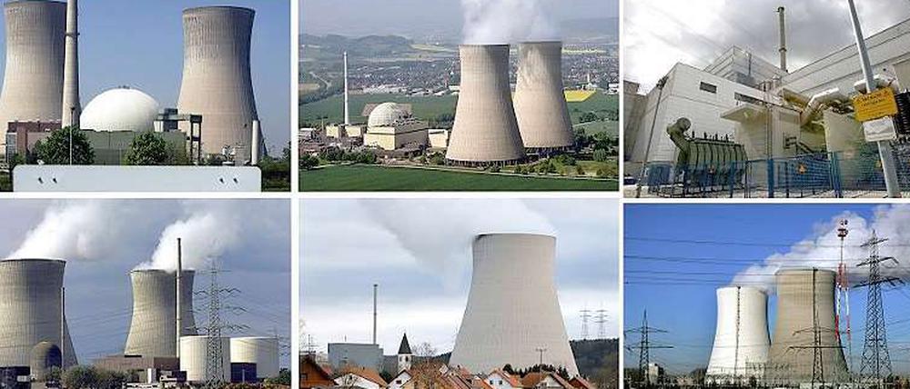 Deutsche Atomkraftwerke von oben von links: Grafenrheinfeld bei Schweinfurt, Krümmel, Block I und Block II des Gemeinschafts-Kernkraftwerks Neckarwestheim, Biblis, Brokdorf. Und unten von links: Grohnde an der Weser, Gundremmingen und der Kühlturm des Atomkraftwerkes Isar 1 und 2 nahe Essenbach in Niederbayern, das Kernkraftwerk Philippsburg, Unterweser in Esenham, Brunsbüttel und Emsland in Lingen mit dem davor gelagerten Standort-Zwischenlager.