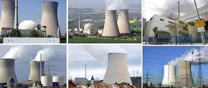 Deutsche Atomkraftwerke von oben von links: Grafenrheinfeld bei Schweinfurt, Krümmel, Block I und Block II des Gemeinschafts-Kernkraftwerks Neckarwestheim, Biblis, Brokdorf. Und unten von links: Grohnde an der Weser, Gundremmingen und der Kühlturm des Atomkraftwerkes Isar 1 und 2 nahe Essenbach in Niederbayern, das Kernkraftwerk Philippsburg, Unterweser in Esenham, Brunsbüttel und Emsland in Lingen mit dem davor gelagerten Standort-Zwischenlager.