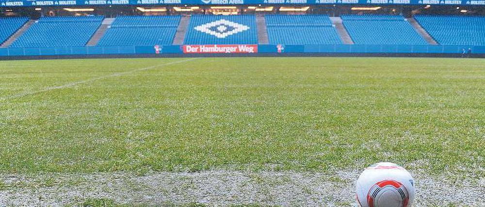 Weich gespült. Der neue Rasen des HSV hielt der Dauerdusche nicht stand. Foto: dpa