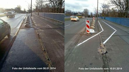 So kann's gehen: Das linke Bild zeigt die Unfallstelle am Tag nach dem Unfall, der abends bei Dunkelheit geschah. Das rechte ist vier Tage später aufgenommen worden.