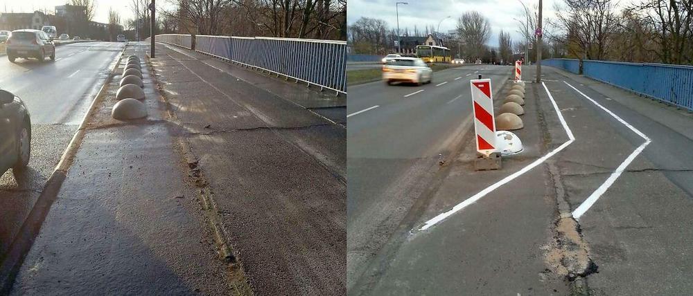 So kann's gehen: Das linke Bild zeigt die Unfallstelle am Tag nach dem Unfall, der abends bei Dunkelheit geschah. Das rechte ist vier Tage später aufgenommen worden.