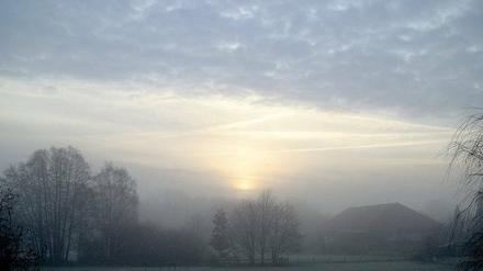 Sonnenaufgang. Nur langsam kämpft sich die Sonne durch den Hochnebel dieser niedersächsischen Landschaft. 