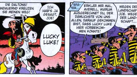 Klassischer Strich: Zwei Panels aus einer von Morris gezeichneten Episode - damals noch mit Zigarette.