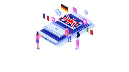 Sprachschule, Online-lernen. Übersetzer-isometrische Vektor-Illustration.