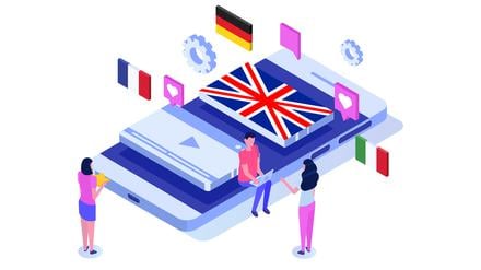 Sprachschule, Online-lernen. Übersetzer-isometrische Vektor-Illustration.