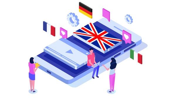 Sprachschule, Online-lernen. Übersetzer-isometrische Vektor-Illustration.
