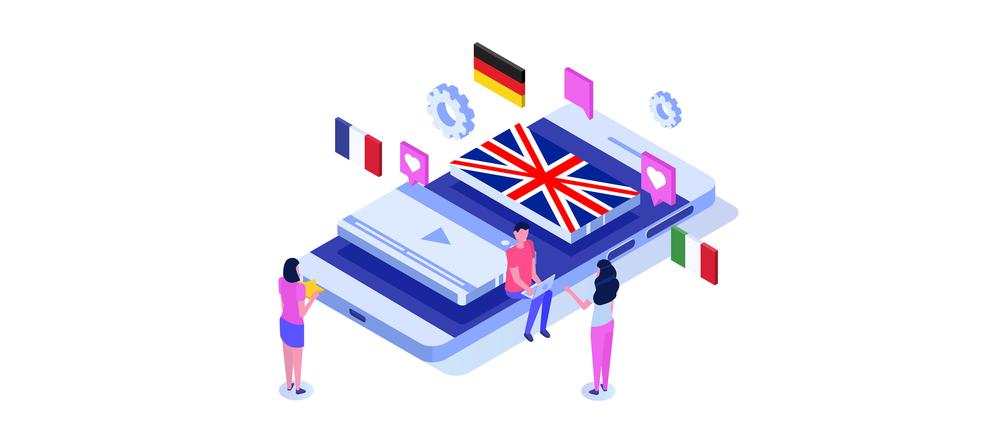 Sprachschule, Online-lernen. Übersetzer-isometrische Vektor-Illustration.