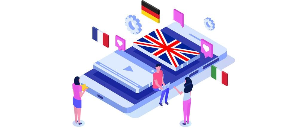 Sprachschule, Online-lernen. Übersetzer-isometrische Vektor-Illustration.