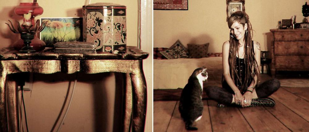 Katze &amp; Kram. Mit ihren zwei Katern wohnt Irina Berginc in einer Altbauwohnung in Kreuzberg. Hier tätowiert sie auch. Drei Tage die Woche ist verkauft sie Messer auf dem Markt am Maybachufer.