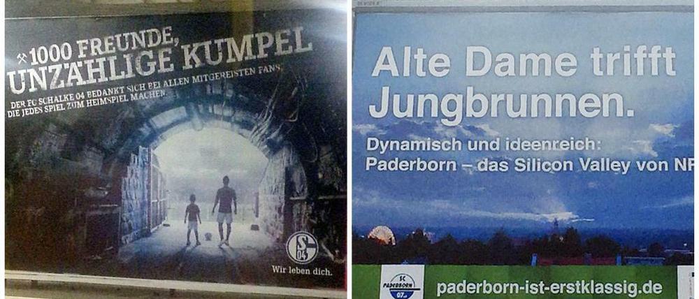 Huiuiui, kesse Werbung vor dem Hertha-Stadion. Die Werbeagenturen aus NRW entdecken plötzlich das Olympiastadion. Links das Schalke-Plakat auf dem U-Bahnhof, rechts das Paderborn-Plakat am S-Bahnhof.  