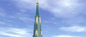 Die Projektskizze zeigt einen 210 Meter hohen Wolkenkratzer-Tempel, den eine hinduistische Sekte in Nordindien baut.