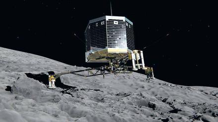Traum der Forscher. So soll es aussehen, wenn die rund 100 Kilo schwere Landeeinheit „Philae“ auf dem Kometen aufsetzt. Ob das Manöver gelingt, ist offen – es gibt zahlreiche Unwägbarkeiten.