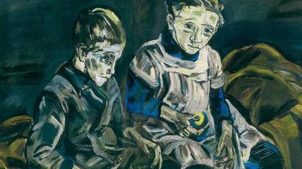 Gesichter, Gesichte. Das Plakat „Pietà“, eine Farblithografie von 1908 (links); das Ölgemälde „Proletarierkinder (Bruder und Schwester)“ von 1912 (oben) und „ Mädchen in blauem Kleid“, Tempera und Aquarell auf Papier, 1920. Abbildungen: Katalog