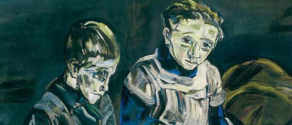 Gesichter, Gesichte. Das Plakat „Pietà“, eine Farblithografie von 1908 (links); das Ölgemälde „Proletarierkinder (Bruder und Schwester)“ von 1912 (oben) und „ Mädchen in blauem Kleid“, Tempera und Aquarell auf Papier, 1920. Abbildungen: Katalog