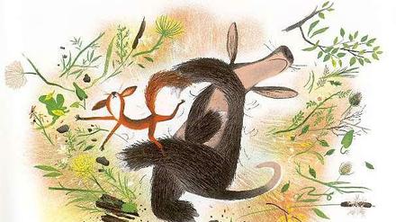 Das Erdferkel wird wütend, wenn es auf den Beinen steht. Und was dann geschieht, muss das Eichhörnchen erleben. Illustration aus der Episode "Das Erdferkel" von Toon Tellegen.