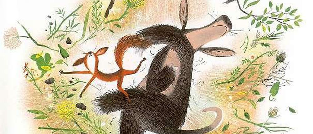 Das Erdferkel wird wütend, wenn es auf den Beinen steht. Und was dann geschieht, muss das Eichhörnchen erleben. Illustration aus der Episode "Das Erdferkel" von Toon Tellegen.
