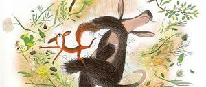 Das Erdferkel wird wütend, wenn es auf den Beinen steht. Und was dann geschieht, muss das Eichhörnchen erleben. Illustration aus der Episode "Das Erdferkel" von Toon Tellegen.