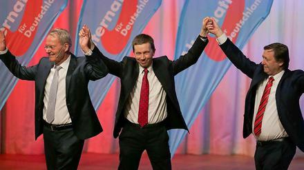 Der Europaabgeordnete der AfD, Hans-Olaf Henkel (l-r), der AfD-Parteichef Bernd Lucke und der Landesvorsitzende und Spitzenkandidat der Hamburger AfD, Jörn Kruse, beim Wahlkampfendspurt der AfD in Hamburg (v.l.n.r.). 