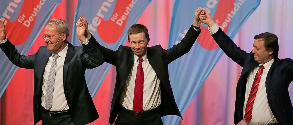 Der Europaabgeordnete der AfD, Hans-Olaf Henkel (l-r), der AfD-Parteichef Bernd Lucke und der Landesvorsitzende und Spitzenkandidat der Hamburger AfD, Jörn Kruse, beim Wahlkampfendspurt der AfD in Hamburg (v.l.n.r.). 