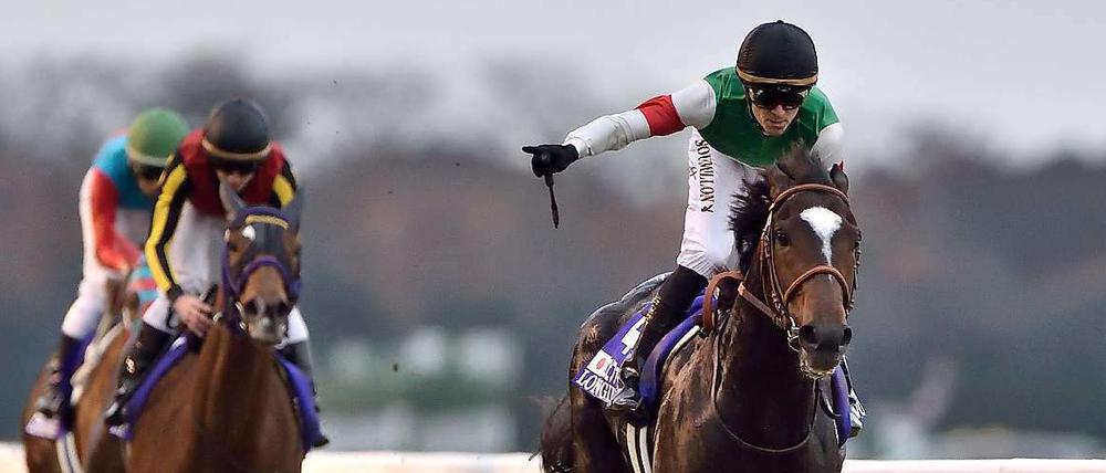 Jockey Christophe Soumillon auf Epiphaneia bejubelt seinen Sieg im Japan Cup.