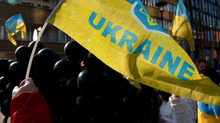 Die Menschen demonstrieren in Brüssel für die Freilassung der ukrainischen Pilotin Nadia Savchenko aus russischer Haft. Nach Brüssel reisten die Staatschefs nach dem Gipfel in Minsk.