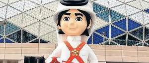 Fahed ist schon mal da. Das WM-Maskottchen wacht vor der Multifunktionshalle in Lusail im Norden Dohas, der größten Spielstätte, in der auch die Deutschen spielen. 