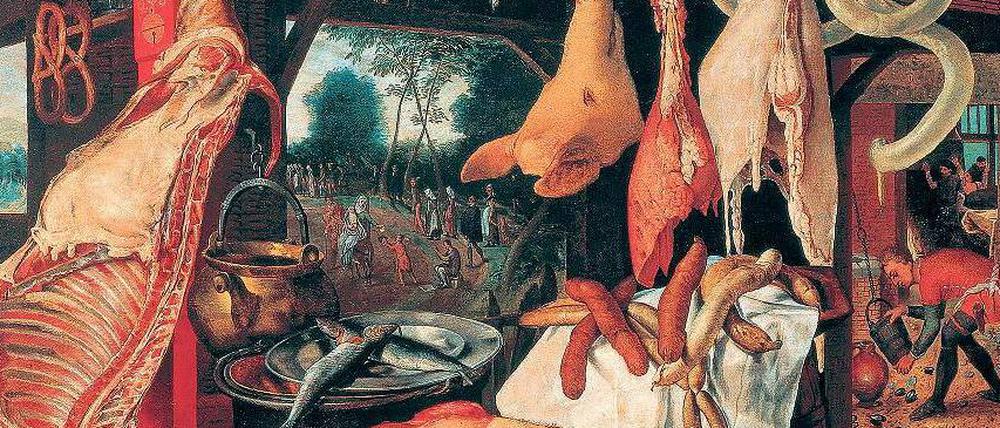 Stillleben mit Fleisch und Heiliger Familie. Ölgemälde aus der Werkstatt von Pieter Aertsen (1551). 