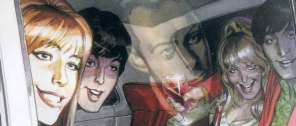 Pilzköpfe auf Papier. In „Der fünfte Beatle“ steht Manager Brian Epstein, der sich hier in der Autoscheibe spiegelt, im Zentrum.