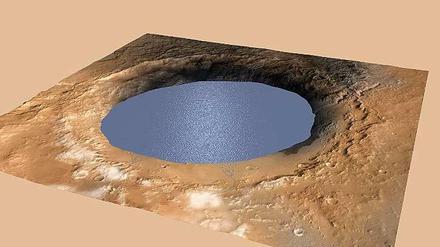 See auf dem Mars. Die Animation zeigt, wie der Gale-Krater gefüllt aussieht. Am Rand sind Flussdeltas zu erkennen. Tatsächlich fand Curiosity mehrere solcher Flussablagerungen. 