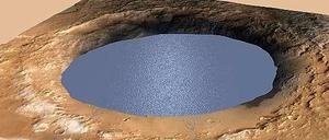 See auf dem Mars. Die Animation zeigt, wie der Gale-Krater gefüllt aussieht. Am Rand sind Flussdeltas zu erkennen. Tatsächlich fand Curiosity mehrere solcher Flussablagerungen. 