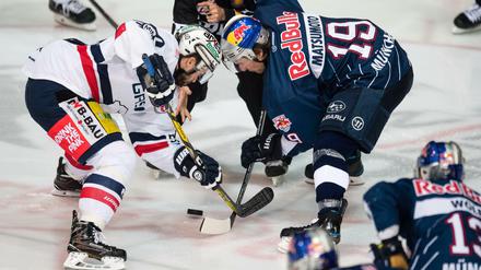 Berlins Darin Olver (l) und Münchens Jonathan Matsumoto im Zweikampf um den Puck. 
