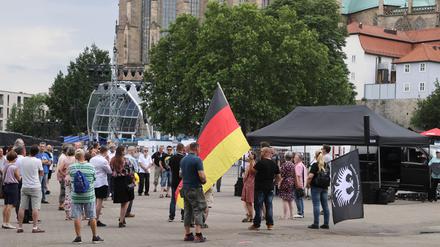 Teilnehmer einer Demonstrationen gegen die Corona-Einschränkungen protestieren auf dem Domplatz. 
