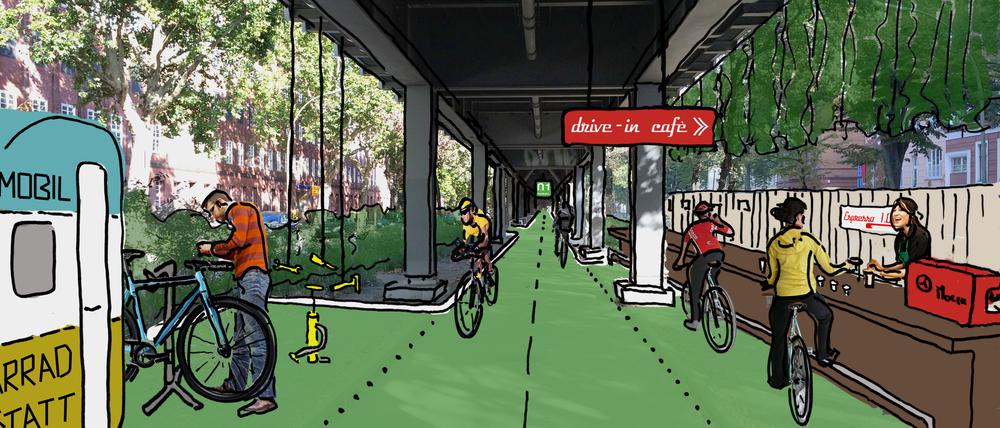 Die Simulation zeigt eine Vision des Radbahn-Testfeldes unter dem U1-Viadukt.