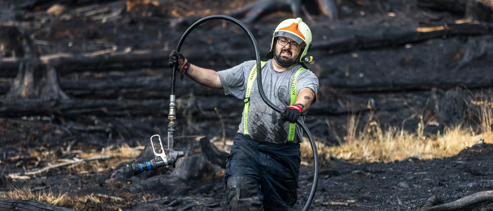 Ein Feuerwehrmann im Einsatz bei einem Waldbrand im Nationalpark Böhmische Schweiz.