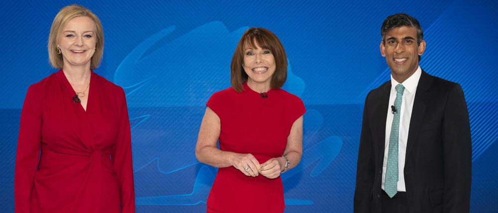 Außenministerin Truss, Moderatorin Burley und Ex-Finanzminister Sunak vor dem TV-Duell.