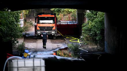 Feuerwehr-Auto im Grunewald hinter einer Unterführung.