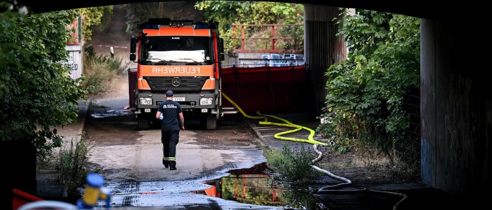 Feuerwehr-Auto im Grunewald hinter einer Unterführung.