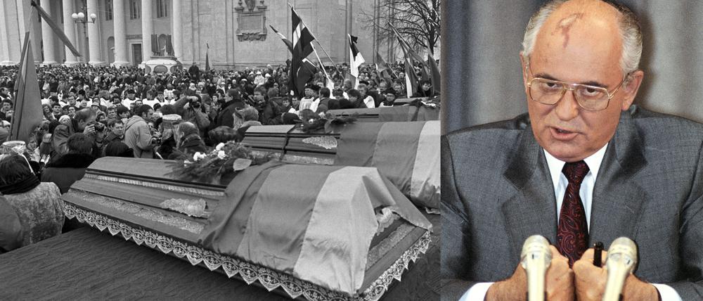 Trauerfeier für litauische Zivilisten am 16. Januar 1991 in Vilnius. Drei Tage zuvor hatten die sowjetischen Truppen von Oberbefehlshaber Gorbatschow Hunderte Menschen verletzt und 14 getötet.