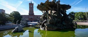 Aktivisten von Extinction Rebellion haben das Wasser des Neptunbrunnens in Mitte grün gefärbt. 