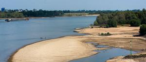 Weil der Rhein weniger Wasser als üblich führt, bilden sich bei Emmerich große Sandbänke.