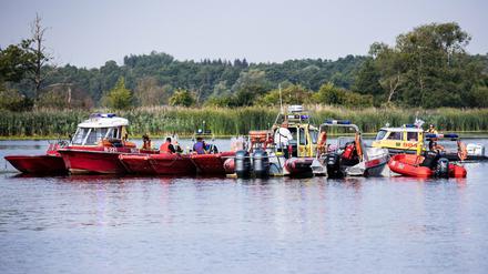 Feuerwehrleute arbeiten in Stettin an der Bergung toter Fische aus der Oder.