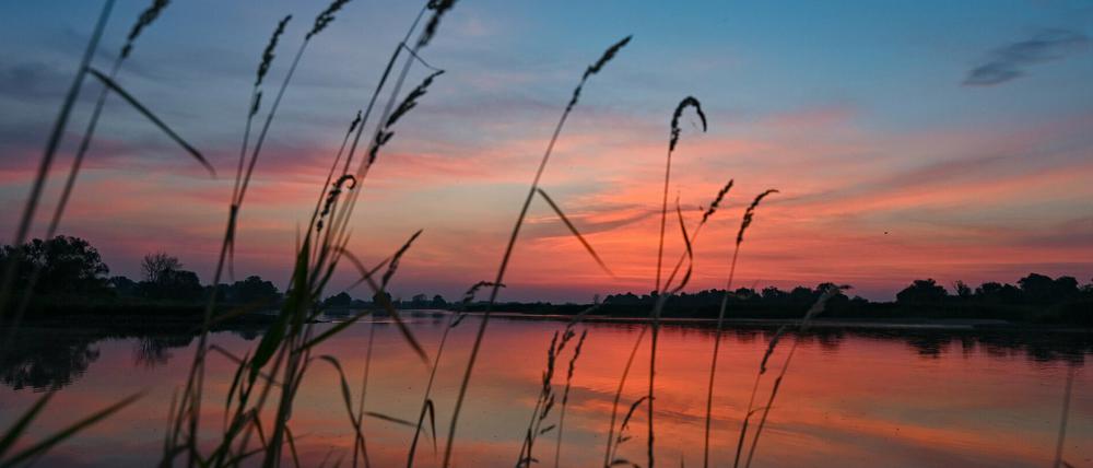 Farbenprächtig leuchtet der Morgenhimmel vor Sonnenaufgang über dem deutsch-polnischen Grenzfluss Oder.