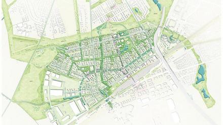 Der Siegerentwurf. Unter den 10 Finalisten der zweiten Phase des Wettbewerbs konnte sich Christa Reicher vom Architekturbüro RHA durchsetzen. Sie entwickelte ihren Entwurf gemeinsam mit der Carla Lo Landschaftsarchitektur aus Wien und der Lindschulte Ingenieurgesellschaft mbH aus Nordhorn. Grafik: Gemeinde Schönefeld
