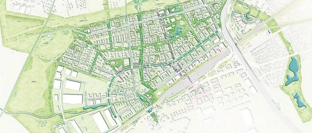 Der Siegerentwurf. Unter den 10 Finalisten der zweiten Phase des Wettbewerbs konnte sich Christa Reicher vom Architekturbüro RHA durchsetzen. Sie entwickelte ihren Entwurf gemeinsam mit der Carla Lo Landschaftsarchitektur aus Wien und der Lindschulte Ingenieurgesellschaft mbH aus Nordhorn. Grafik: Gemeinde Schönefeld