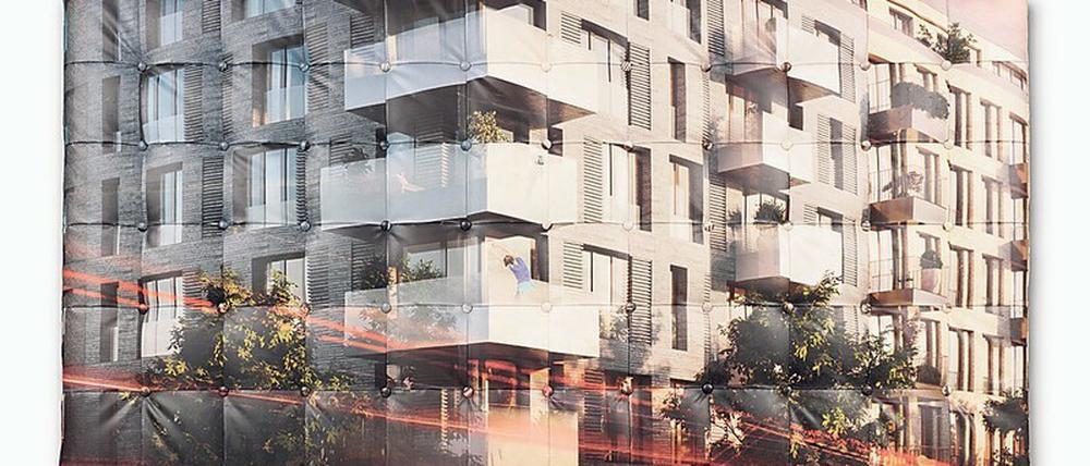 Max Pauls „Berlin Bed #2“ von 2022 ist mit einem Immobilienbanner gepolstert.