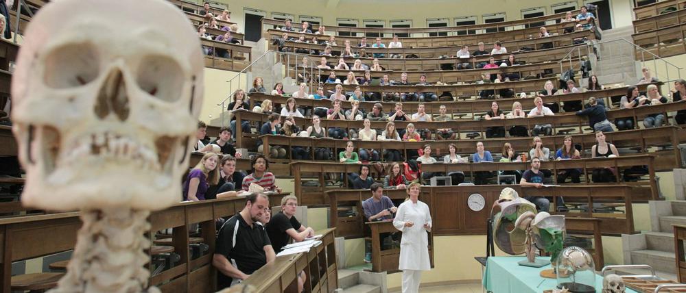 Medizinstudierende verfolgen eine Anatomievorlesung in einem Hörsaal.