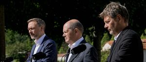 Christian Lindner, Olaf Scholz und Robert Habeck stehen bei einer Pressekonferenz nach der Kabinettstagung in Meseberg.
