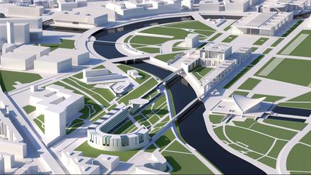 Westlich der Spree soll der Erweiterungsbau für das Kanzleramt entstehen (untere Bildhälfte).